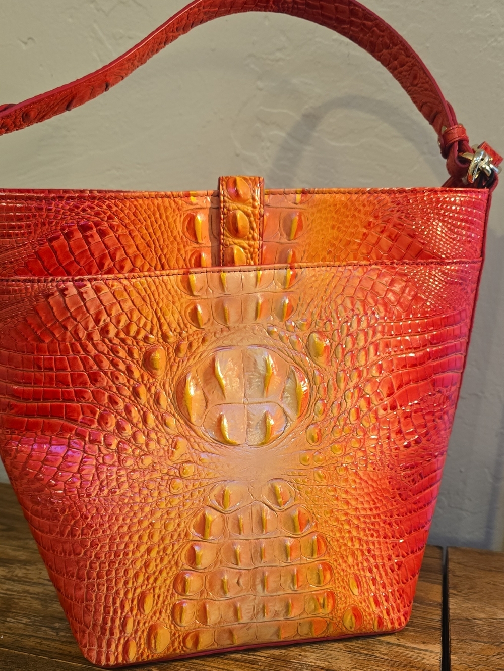 Brahmin Vibrant Red-Orange Croc-Embossed Shoulder Bag - Picture 3 of 6